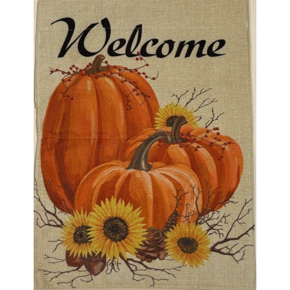 Welcome Garden Flag With Pumpkins & Sunflowers 12"‎ x 18" Cotton/Linen